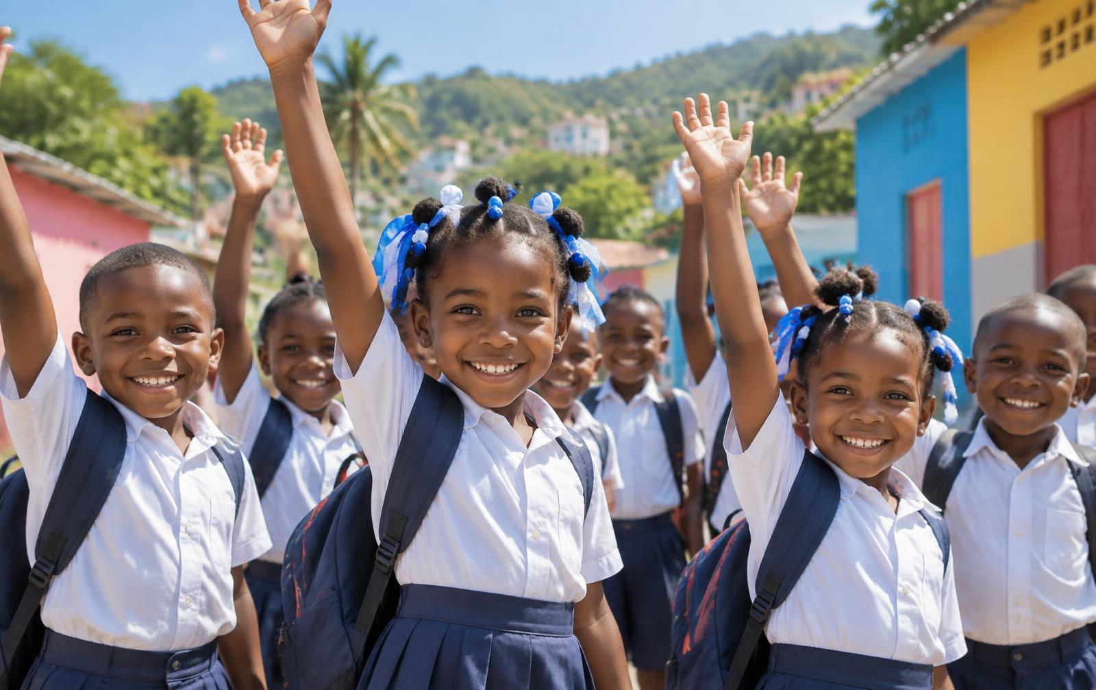 Smiling Haitian schoolchildren with raised arms
